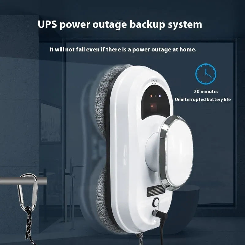 White full-automatic high-altitude window cleaning robot with remote control on a table.