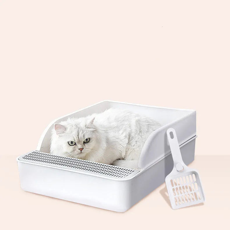 White semi-enclosed PP plastic cat litter box, size S, 41.7x28x17cm, on a tiled floor