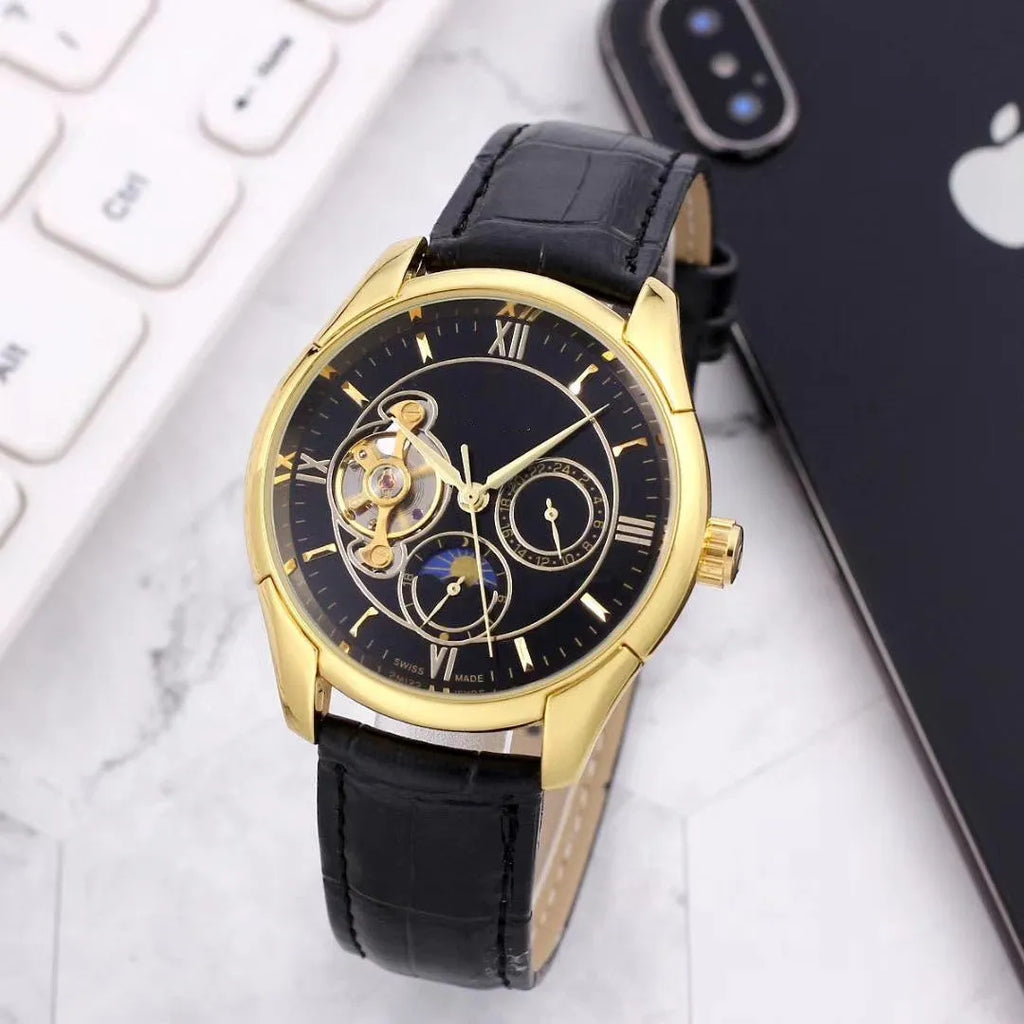 40.5mm mechanical watch with leather strap, stainless steel horseshoe buckle and spiral crown