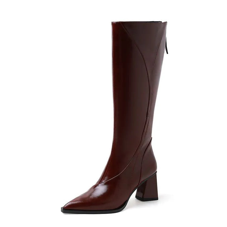 Retro brown cowhide leather women's riding boots with a Maillard high heel and waterproof platform.