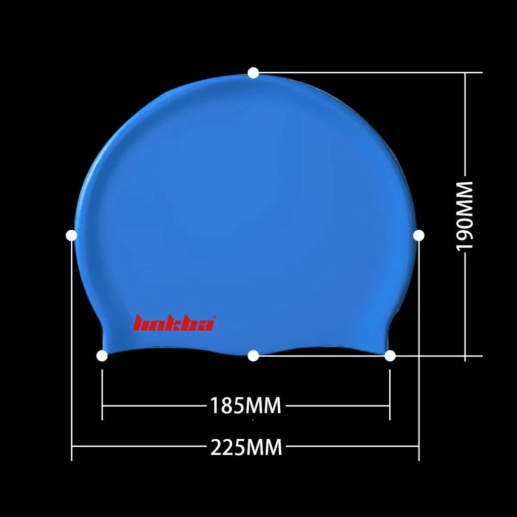Silicone swimming cap with waterproof earmuffs shown in multiple colour options.