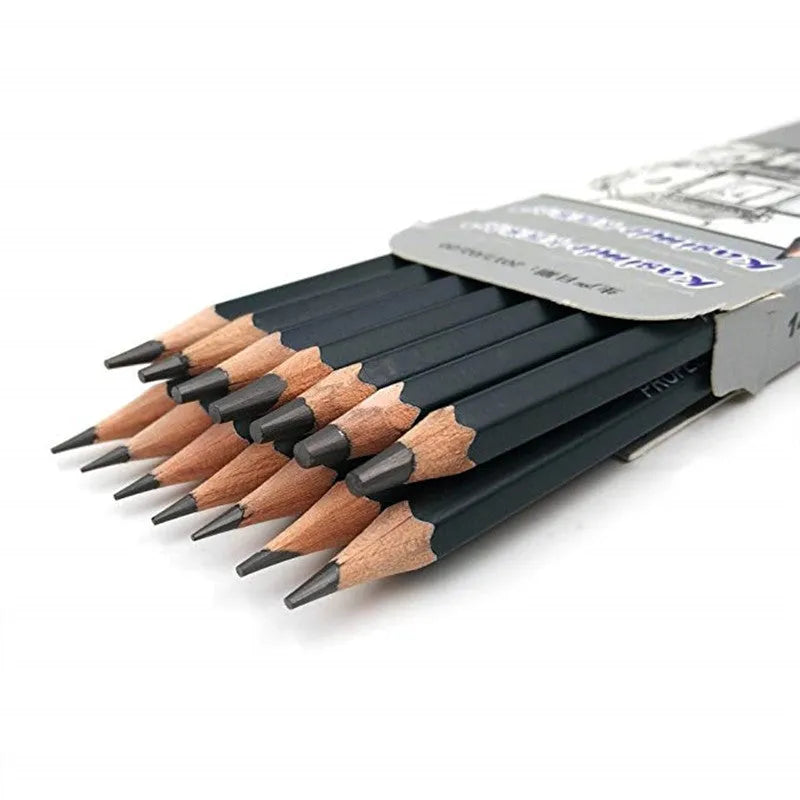 Boxed set of 14 black drawing pencils with hardness grades from 6H to 12B, each 18cm long