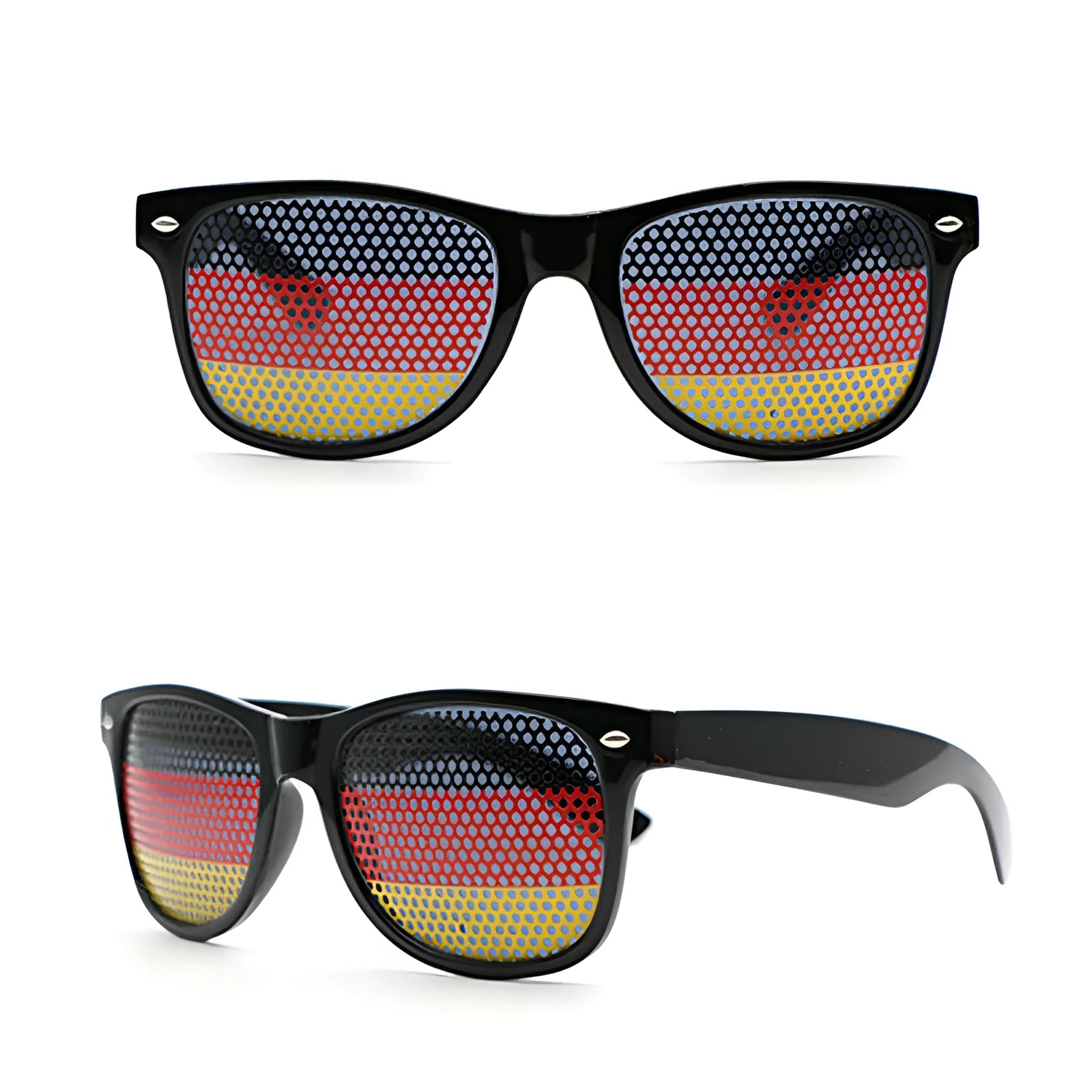 Black frame sunglasses with small hole flag sticker decorations showing national designs