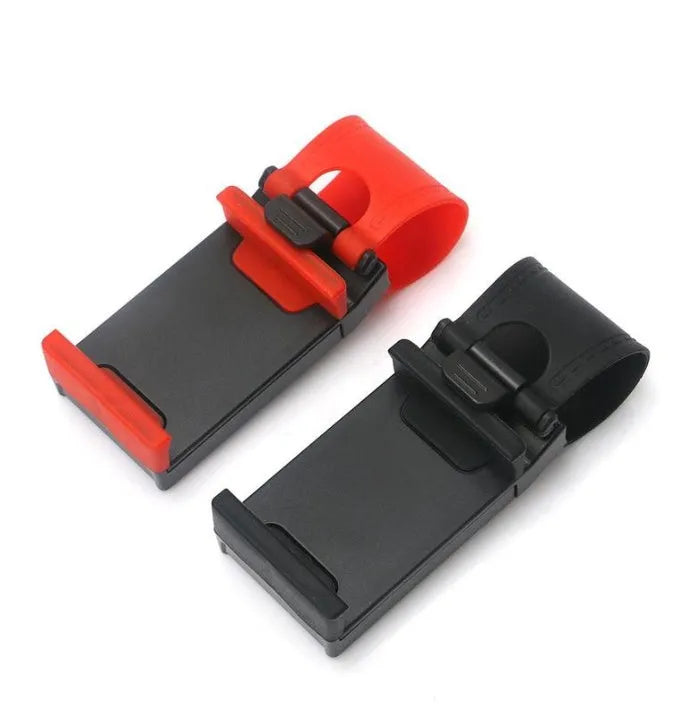Black universal steering wheel phone mount clip holding a smartphone for hands-free use while driving.