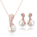 Rose gold alloy bridal necklace and earrings set with pearl inlay and mother-of-pearl pendant on water wave chain