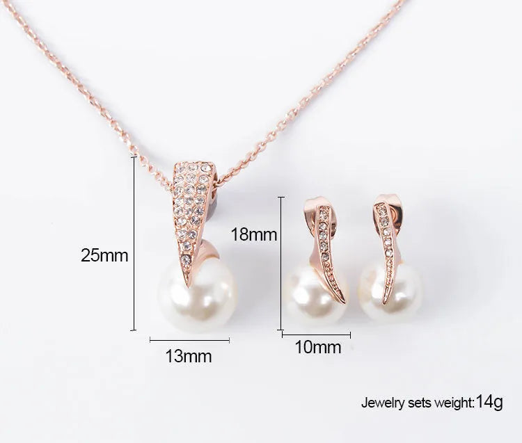 Rose gold alloy bridal necklace and earrings set with pearl inlay and mother-of-pearl pendant on water wave chain