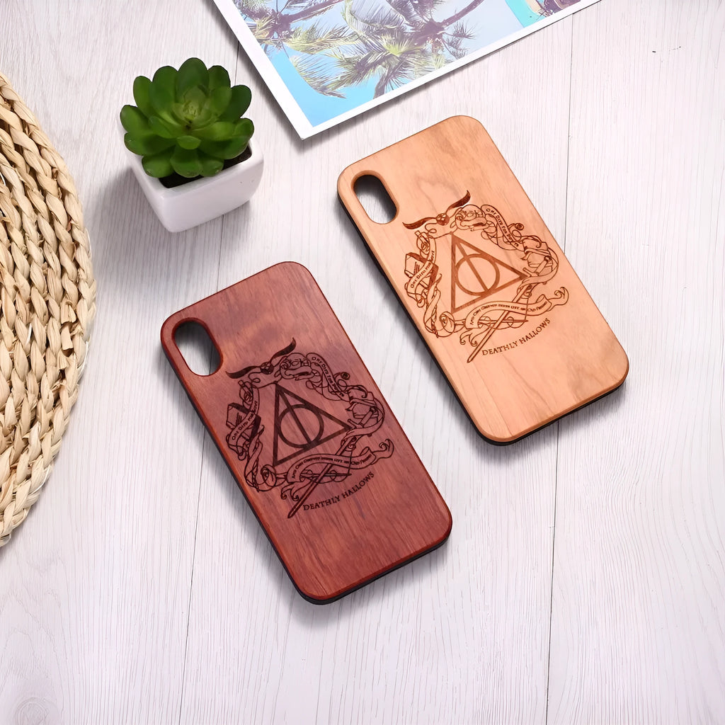 Wooden phone case with natural wood back and black TPU bumper showing iPhone compatibility