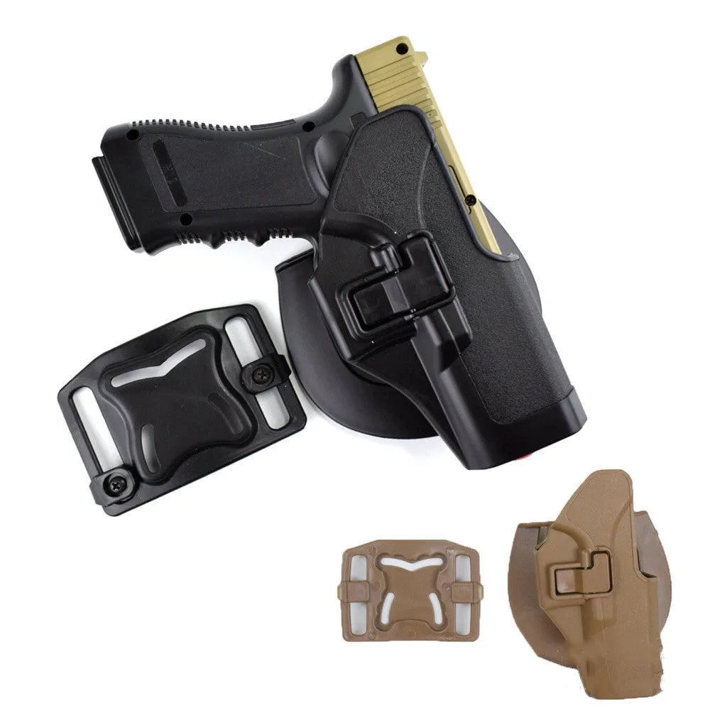 Black plastic tactical holster for right-hand belt carry with secure attachment