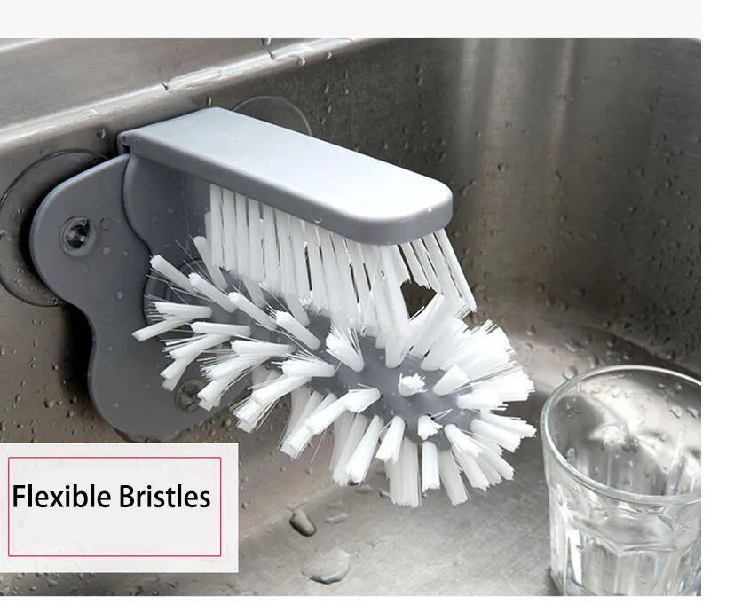 Grey rotating cup brush with suction cups for wall mounting and double cleaning heads