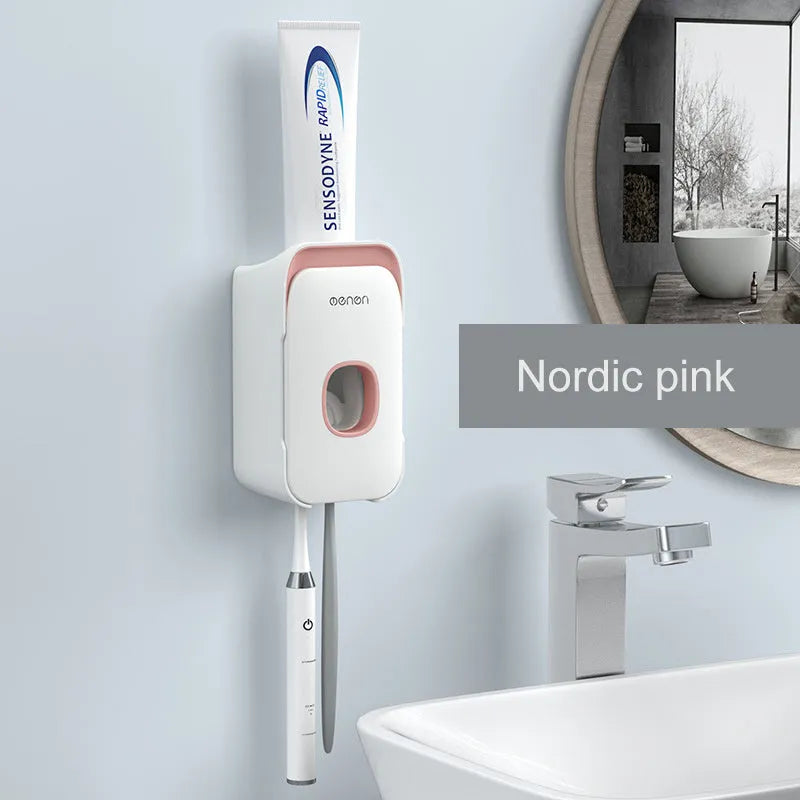 Wall-mounted automatic toothpaste dispenser with touch sensor and LED light in blue colour