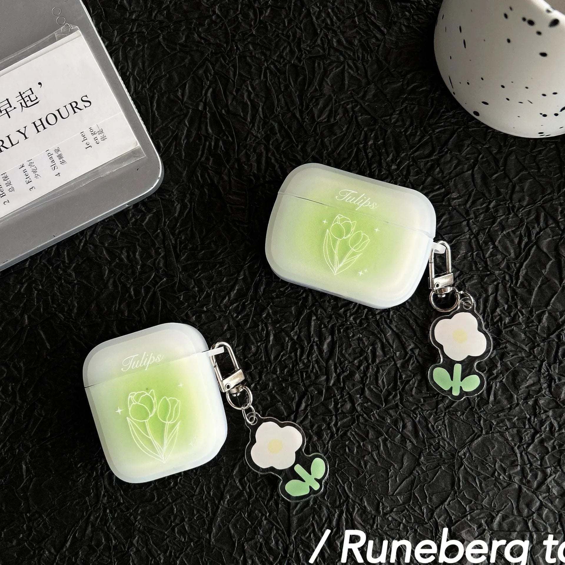 Transparent green TPU earphone sleeve with embossed cartoon tulip design for Apple AirPods