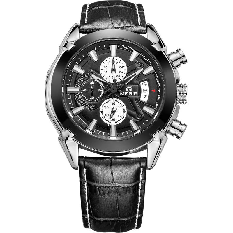 Men's multifunctional quartz watch with luminous markers and three subdials on a brown and white dial.