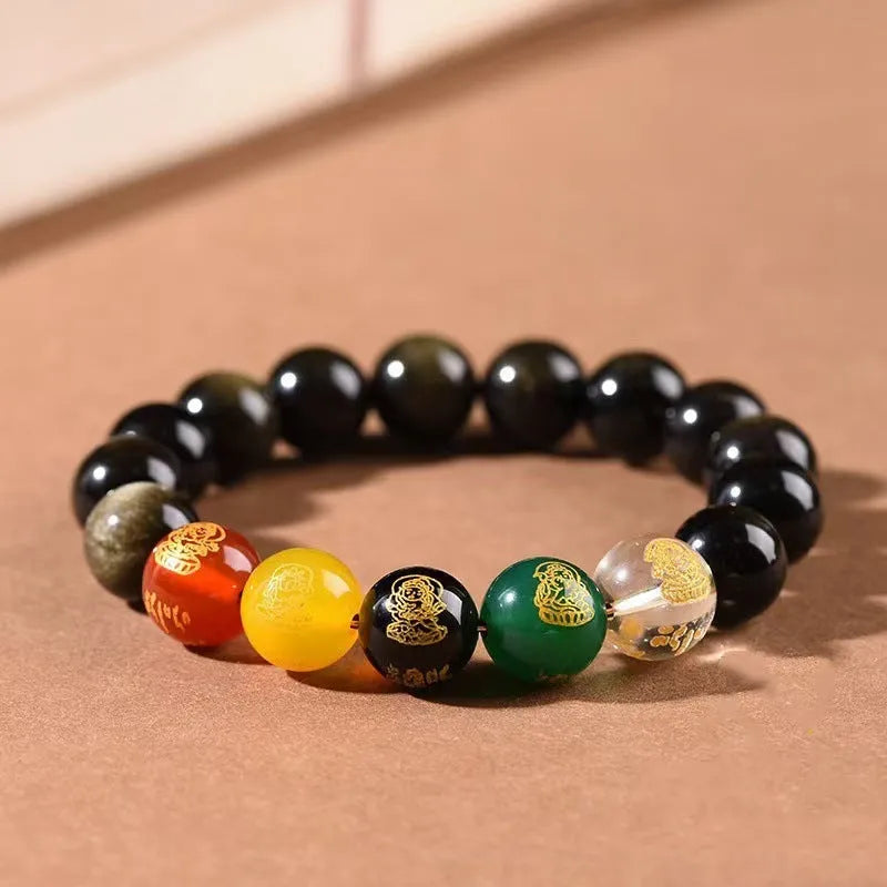 Single circle Five Gods Of Wealth men's obsidian bracelet in New Chinese style with animal zodiac modelling