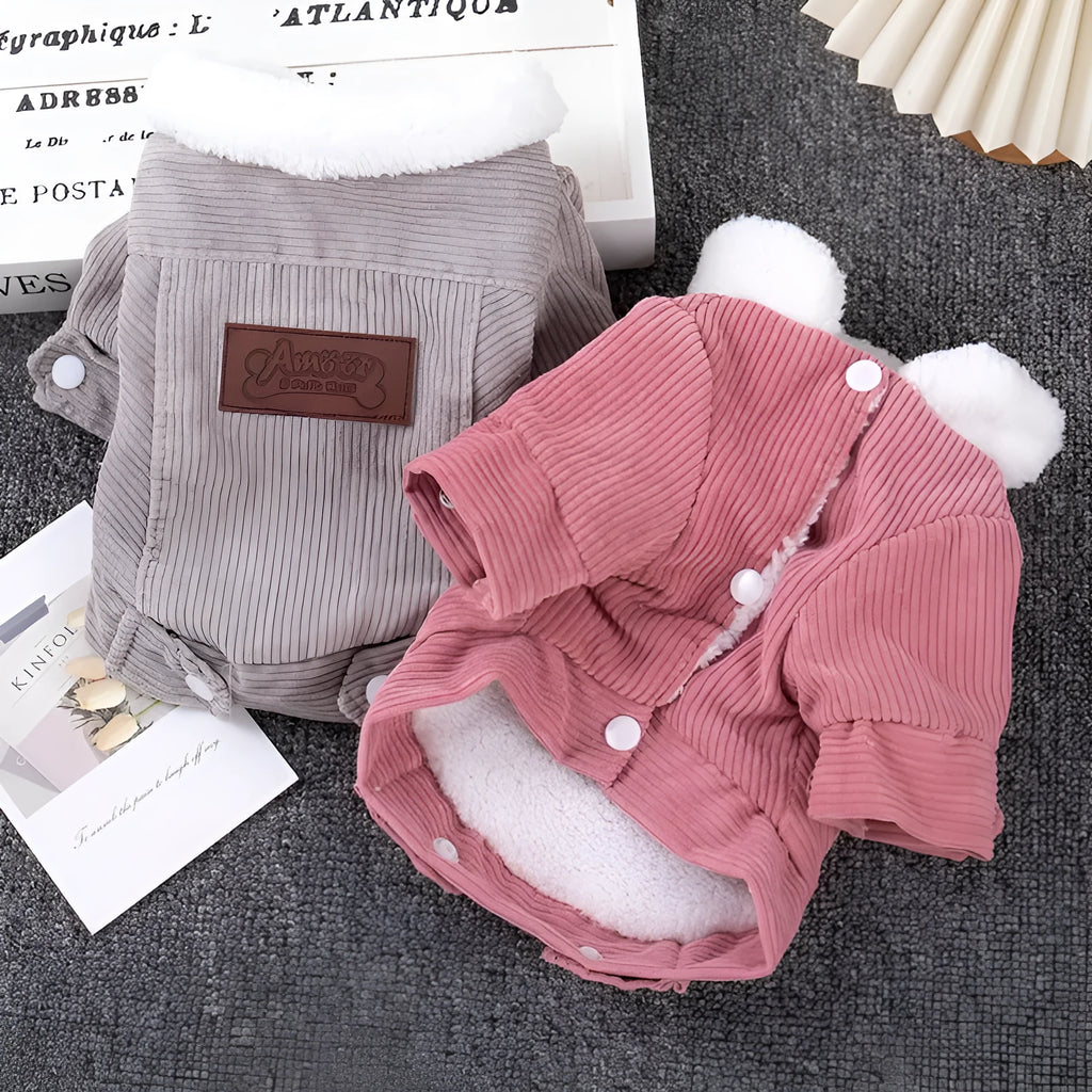 Lambswool grey fleece lined dog vest for winter warmth shown on a small dog.