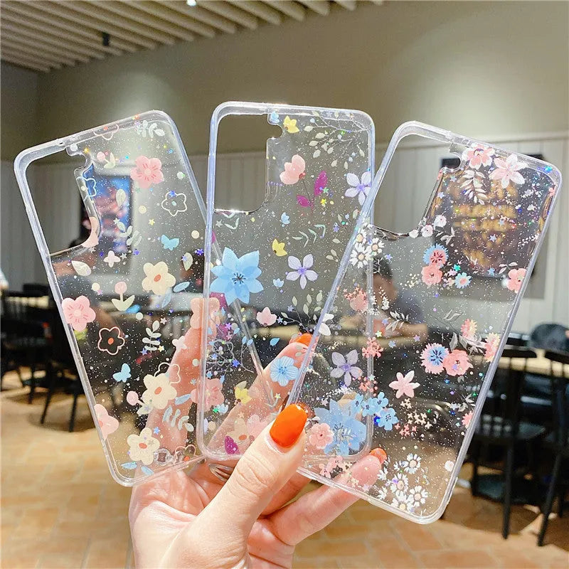 Fashion minimalist floral TPU phone case with drip rubber detailing in multiple colours for Samsung models