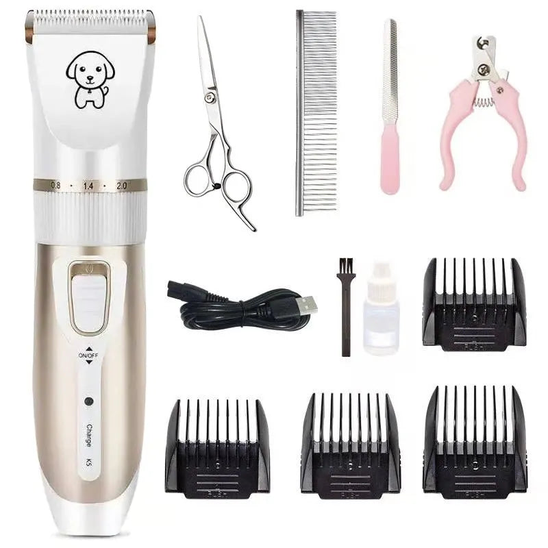 White handled dog grooming clipper kit with ceramic blades, four combs, oil, brush and USB cable on table.