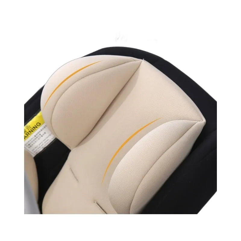 Children's safety seat cushion with waist support and head protection pad in knitted fabric and sponge, shown in assorted colours.