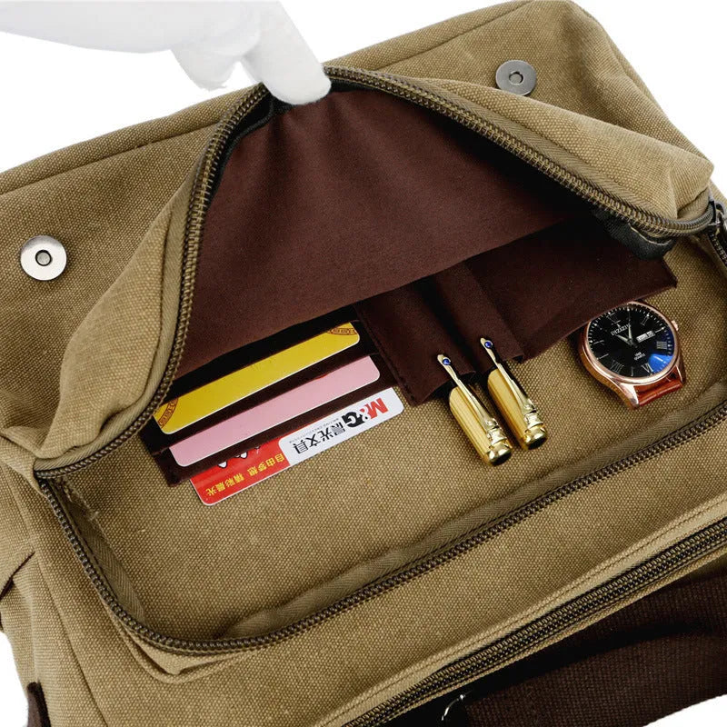 High density canvas retro travel bag in solid khaki colour with visible sewing thread detailing