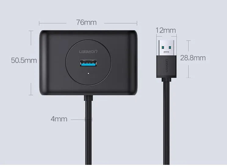 Deep black USB one-to-four splitter with GL3510 chip, ABS shell and Micro USB power port, 25cm to 200cm
