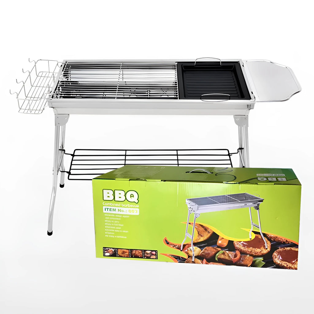 Stainless steel portable folding barbecue grill with large cooking area.