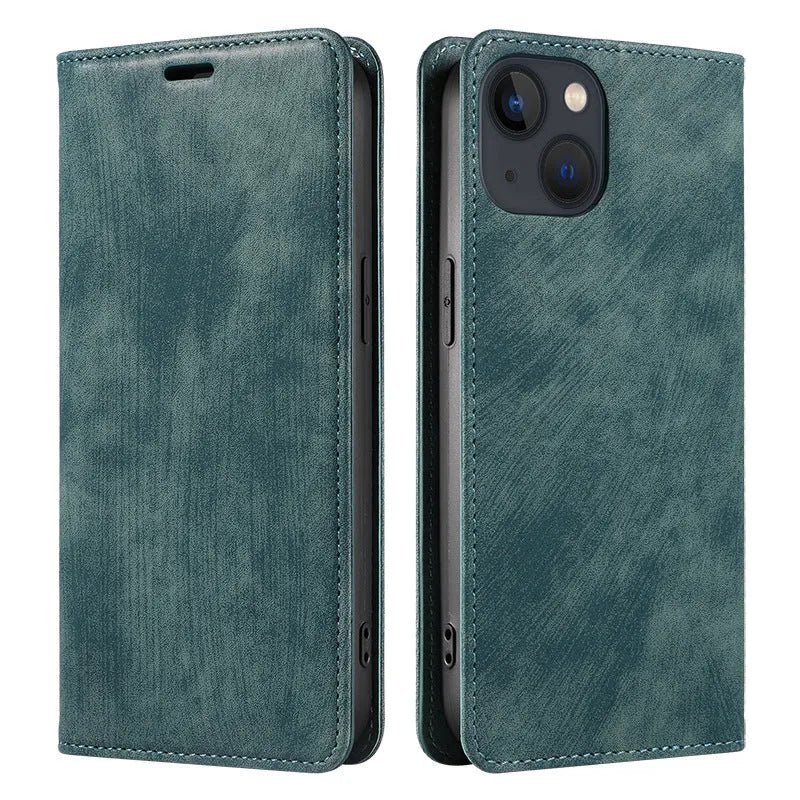 Magnetic flip leather phone case for iPhone shown closed and open, revealing card slots and phone.