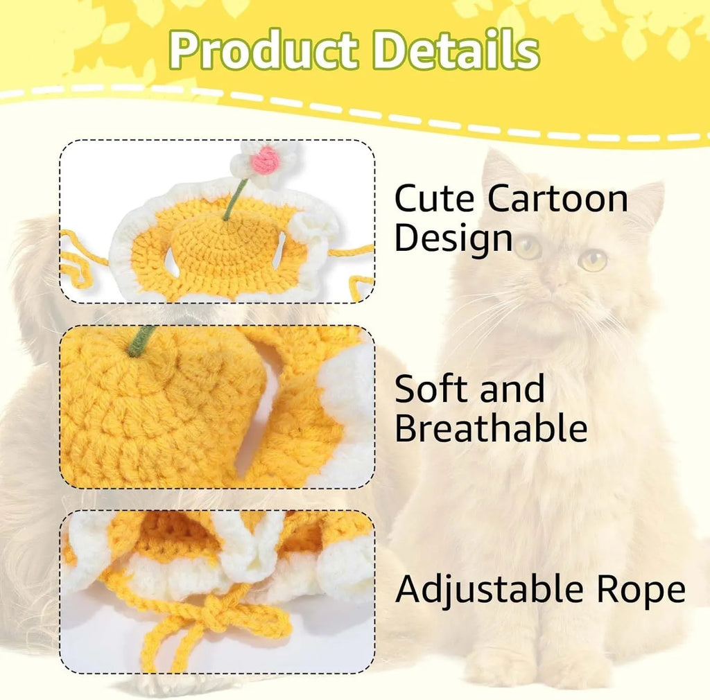 Knitted pet hat with cartoon design for cats and small dogs in green colour