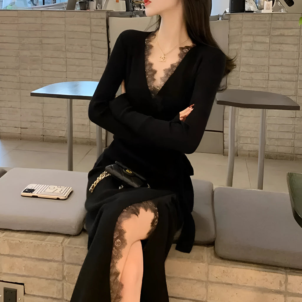 Women's black slim fit skirt with a princess dress silhouette.