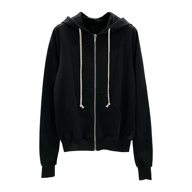 Men's black zip-up hooded cotton sweatshirt, loose fit, long sleeve, sizes S to XL