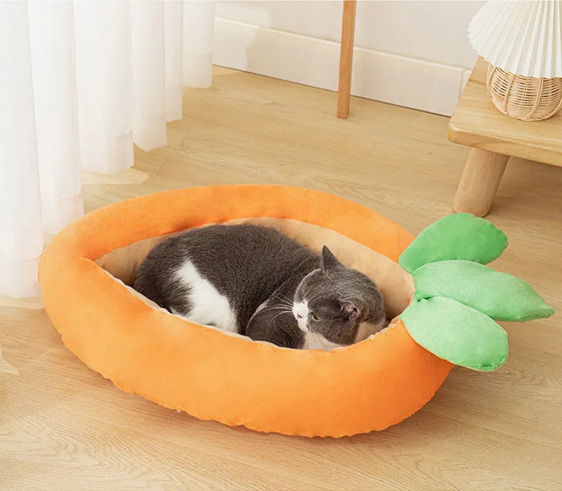 Carrot-shaped nesting dog bed with a soft blanket in two size options for small and medium pets.