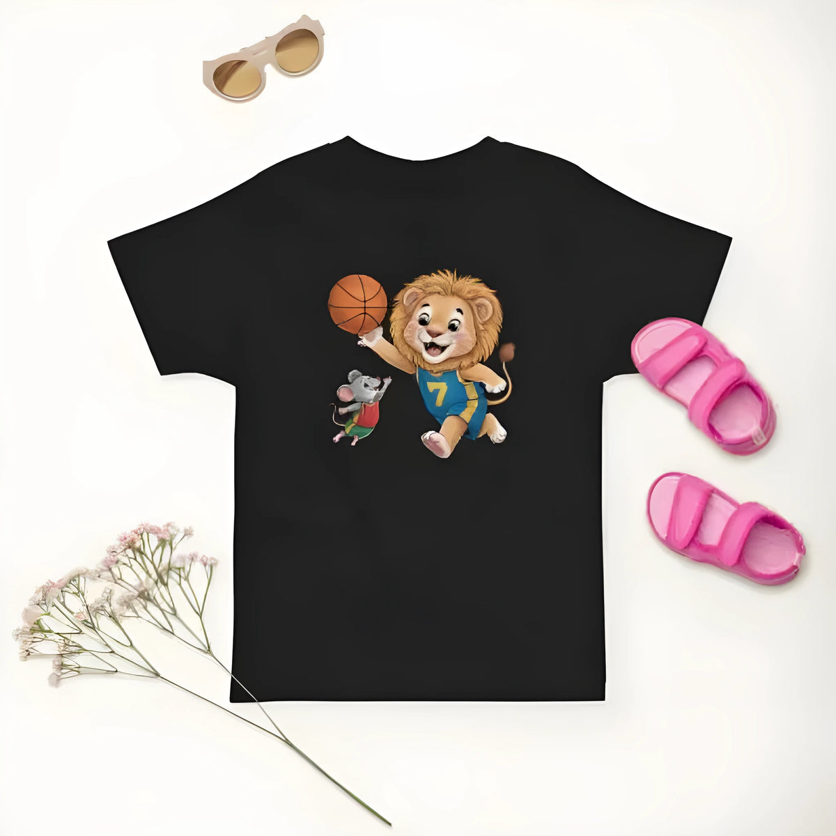 Children's black cotton short sleeve t-shirt with cartoon and letter pattern, unisex summer top, sizes 100cm to 170cm