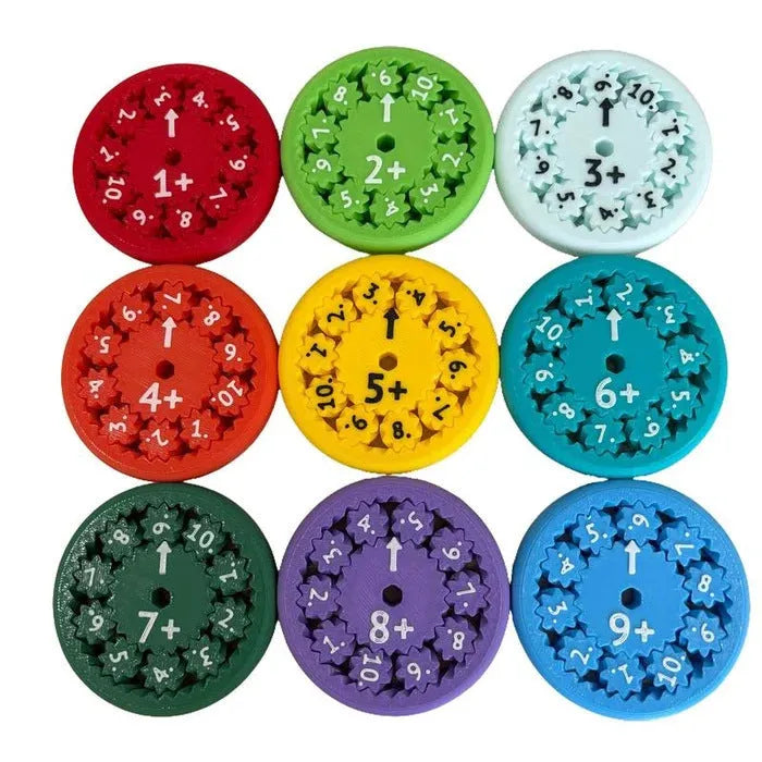 Nine plastic math fidget spinners in two colour sets for addition subtraction and multiplication division