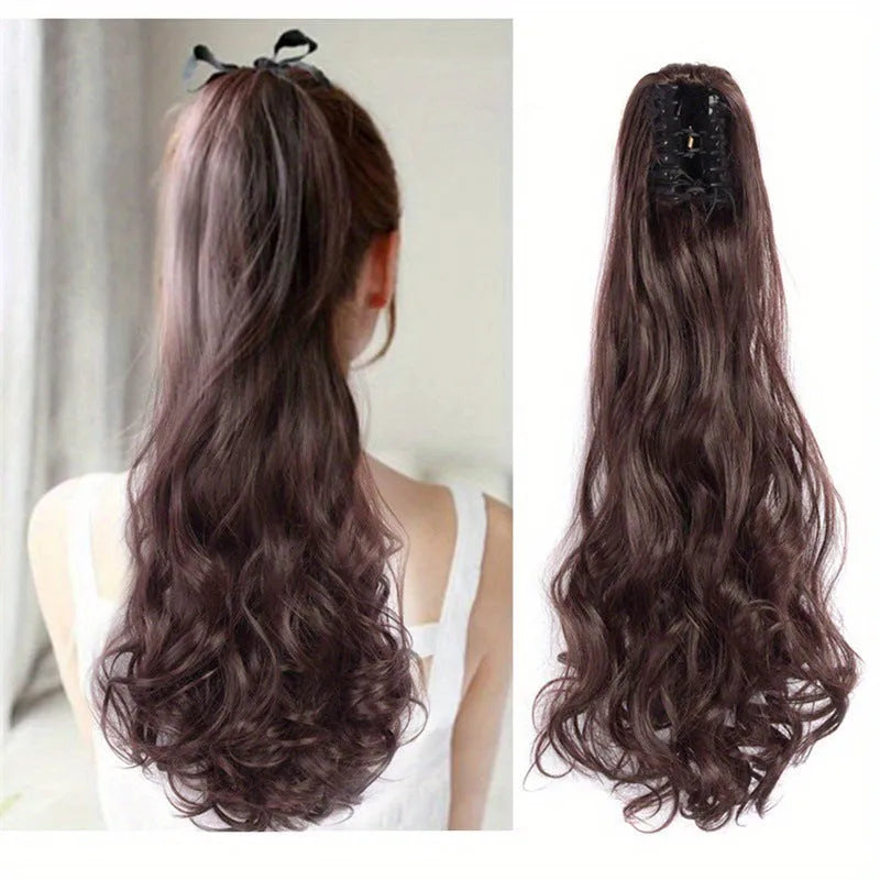 Curly high ponytail wig with big hair claw in black, 50 cm long synthetic fibre