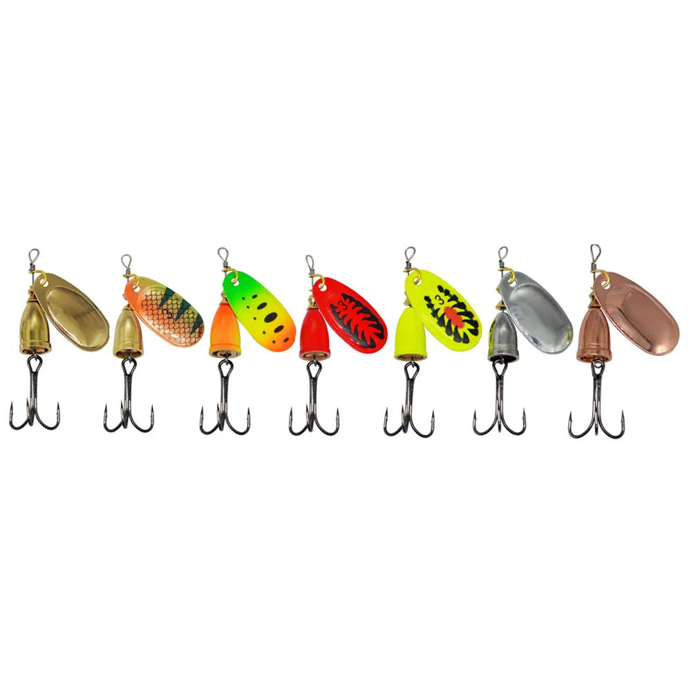R composite rotating sequin copper bell metal fishing lure in seven metallic colour options.