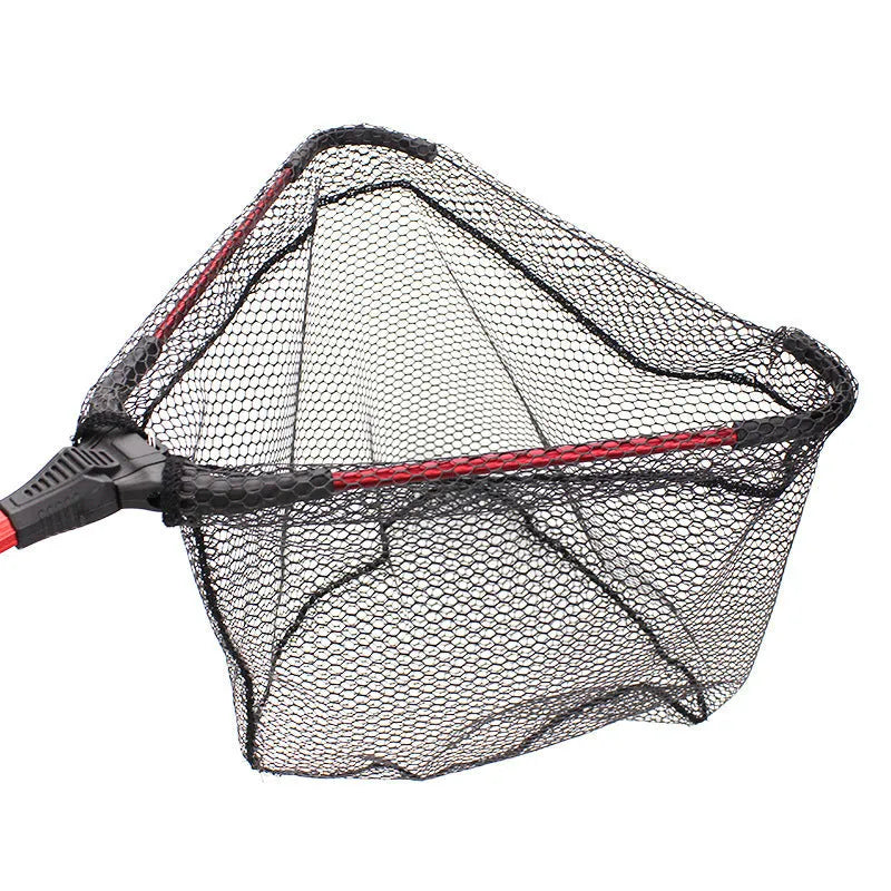 Red aluminium alloy single section triangular folding dip net with viscose mesh, 80cm total length, folded