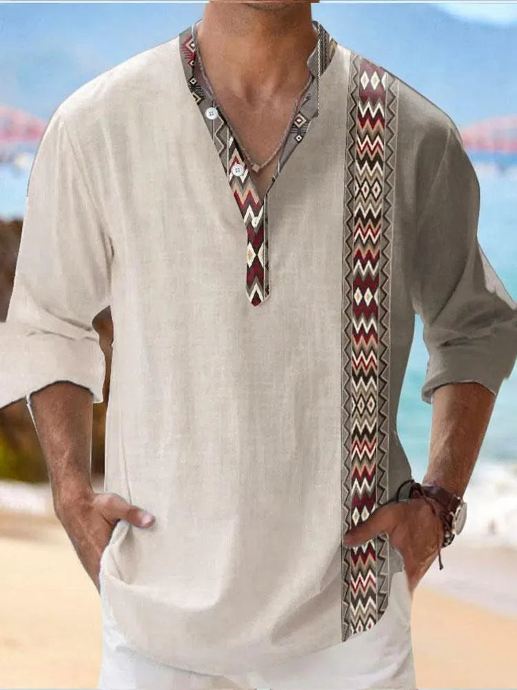 A man's long-sleeve striped Hawaiian shirt on a hanger, shown in a lilac colour.