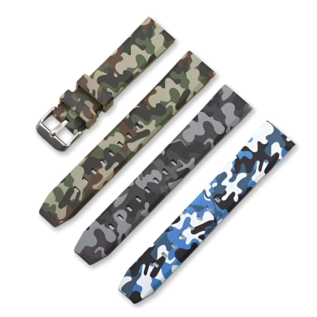 Green camouflage silicone watch strap showing flat head design and 20mm width.