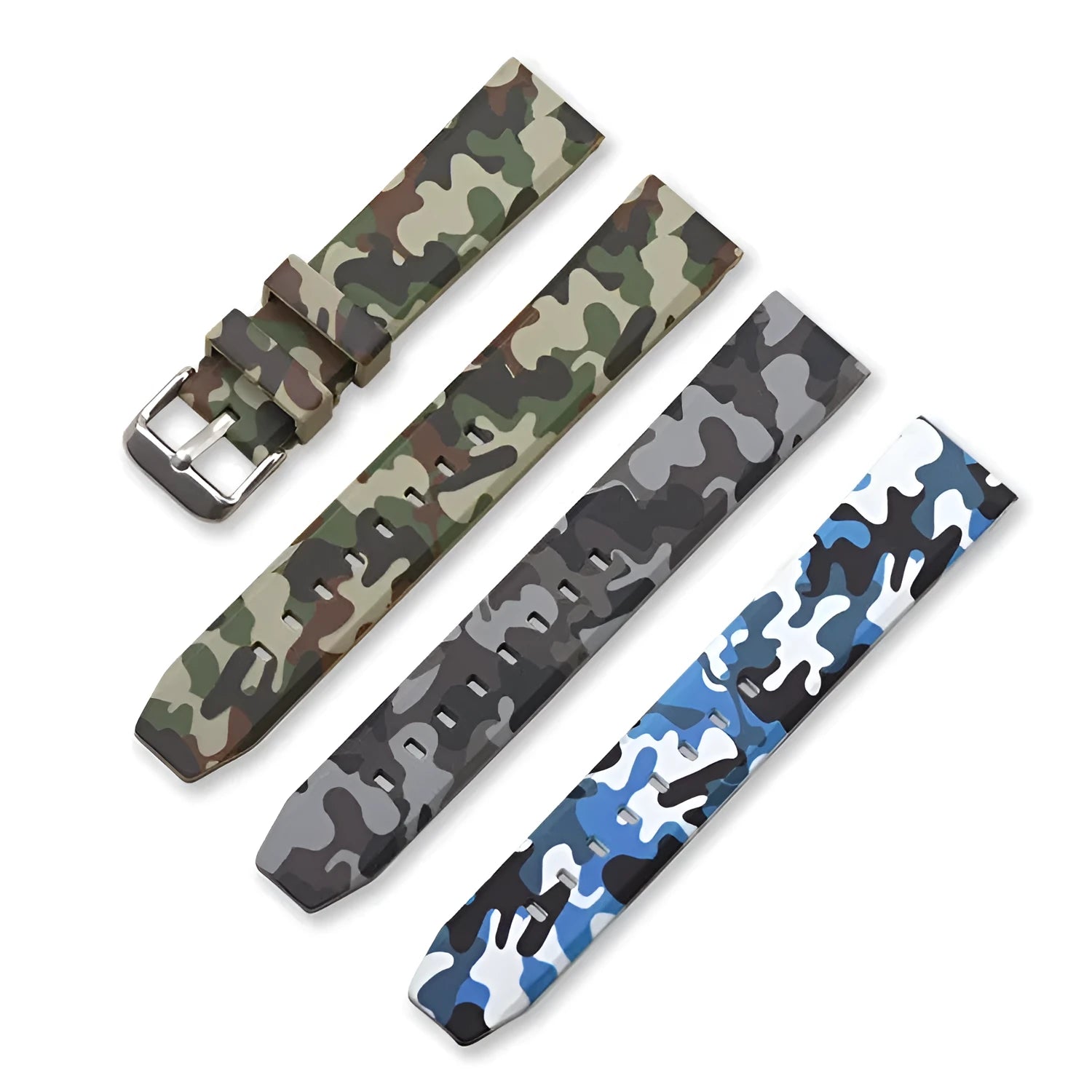 Green camouflage silicone watch strap showing flat head design and 20mm width.