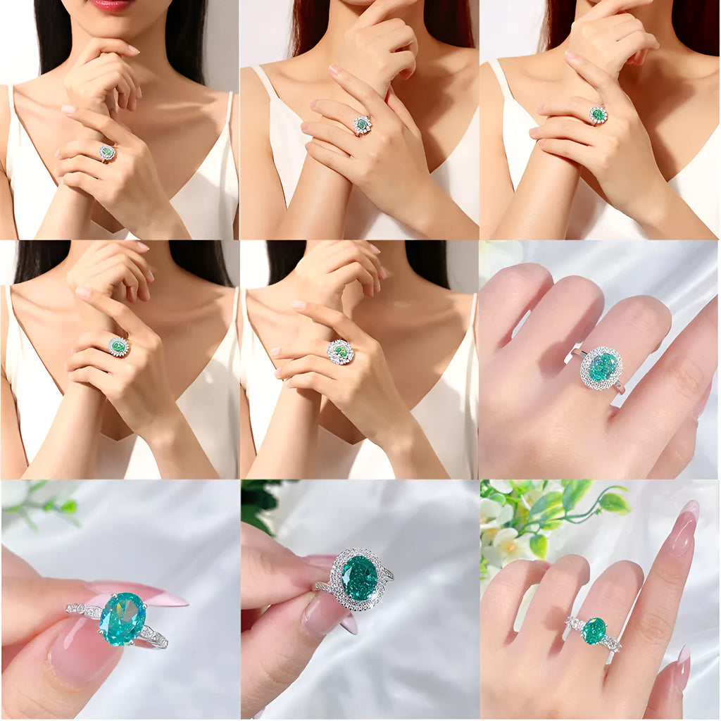 S925 sterling silver geometric ring with ellipse emerald stone and Palaibahao diamond accent on a model's finger.