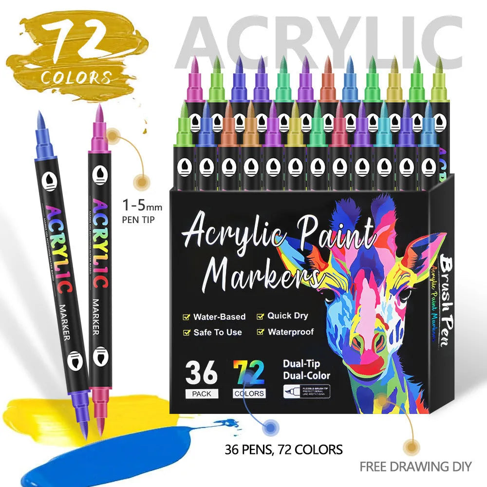 Double-headed acrylic marker pens showing broad and fine tips with opaque colours
