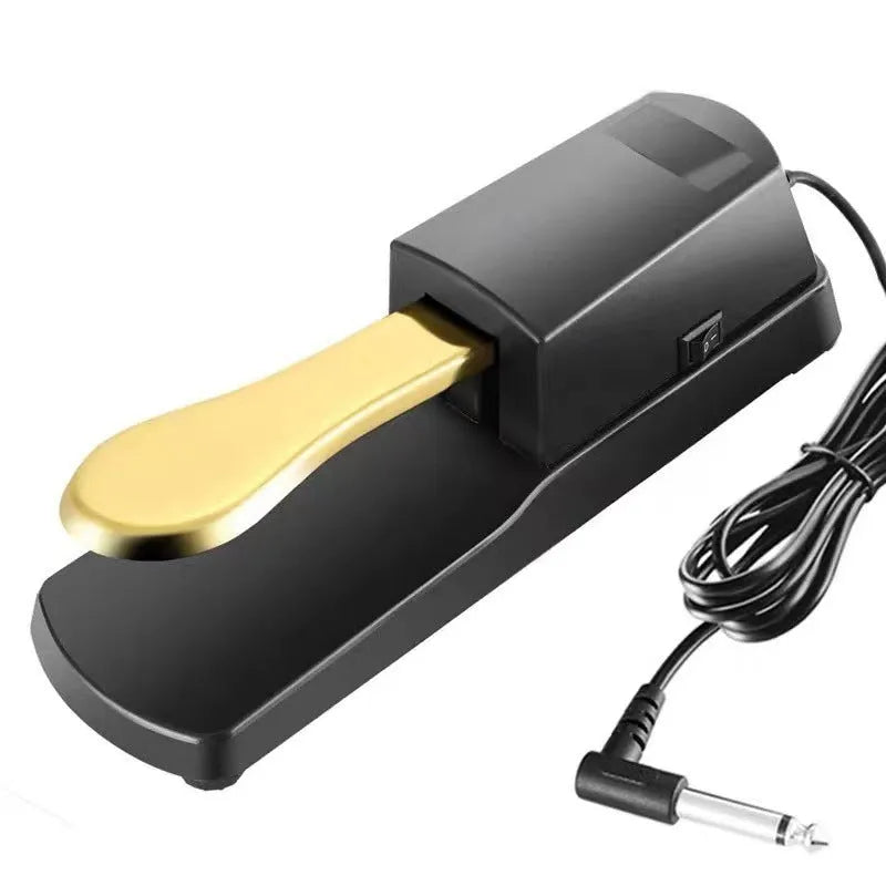 Black universal sustain pedal for electronic MIDI keyboards with single leg design and 6.35mm jack connector