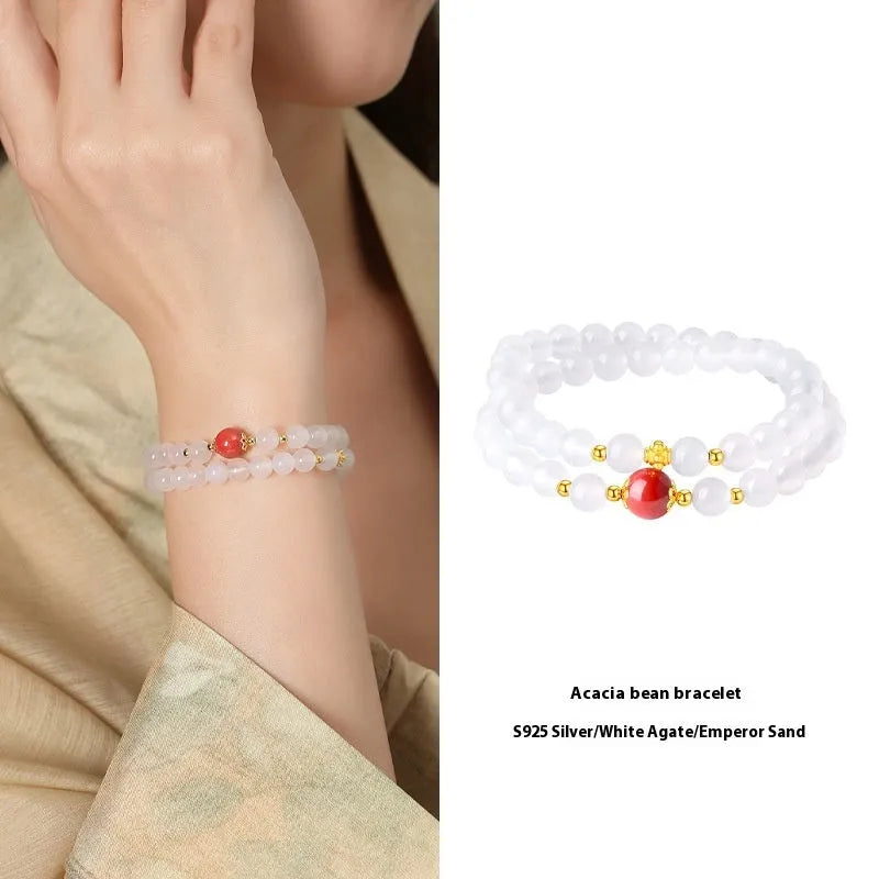 Women's white agate double layer bracelet with jequirity bean cinnabar detailing and geometric beads