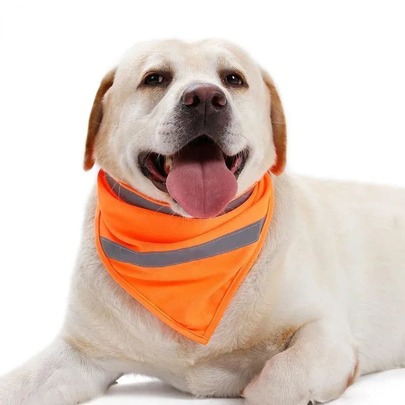 Yellow and orange reflective striped dog bandana scarf with adhesive strap closure on a dog's neck.