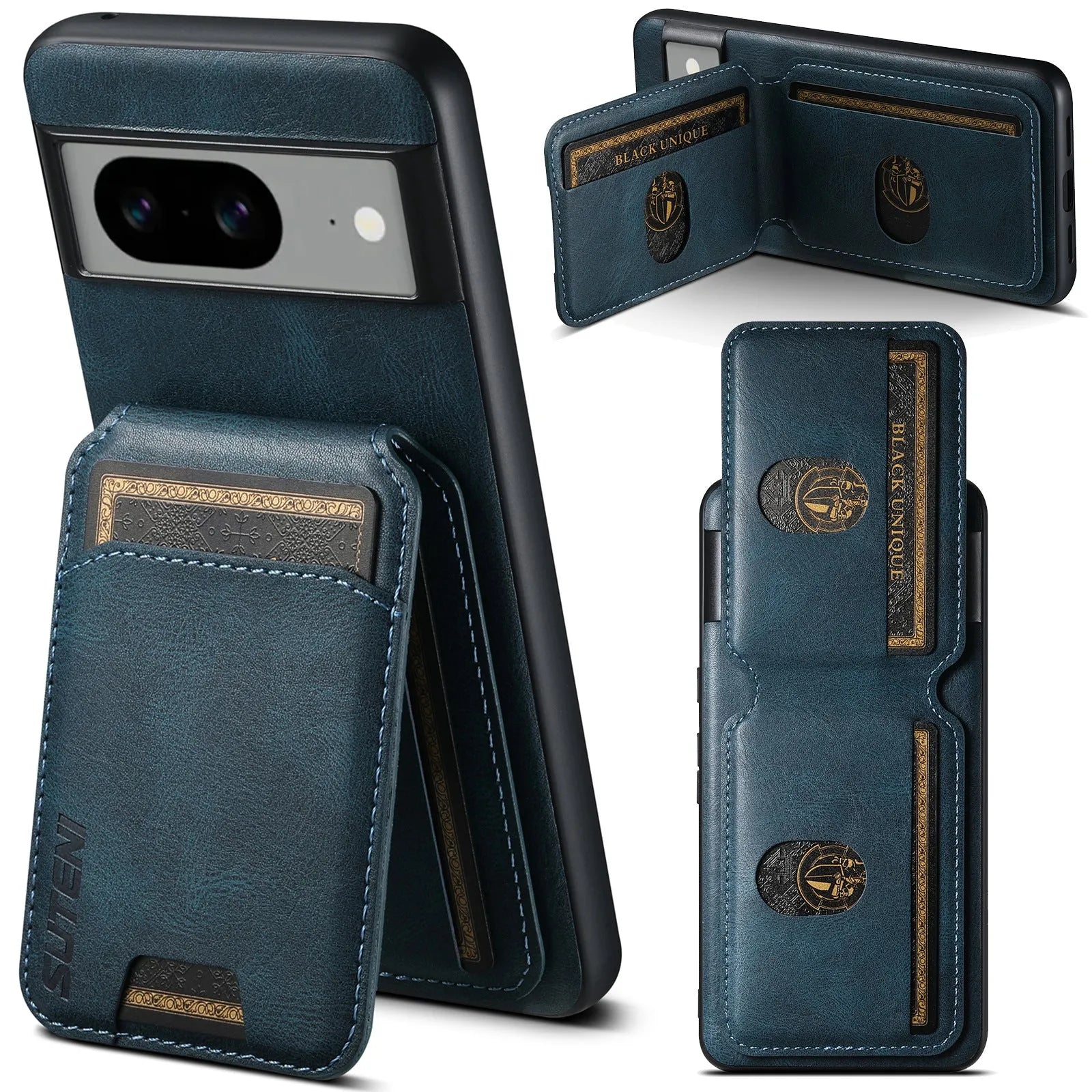 Black PU TPU back cover phone case with card slot and kickstand for Google Pixel 8
