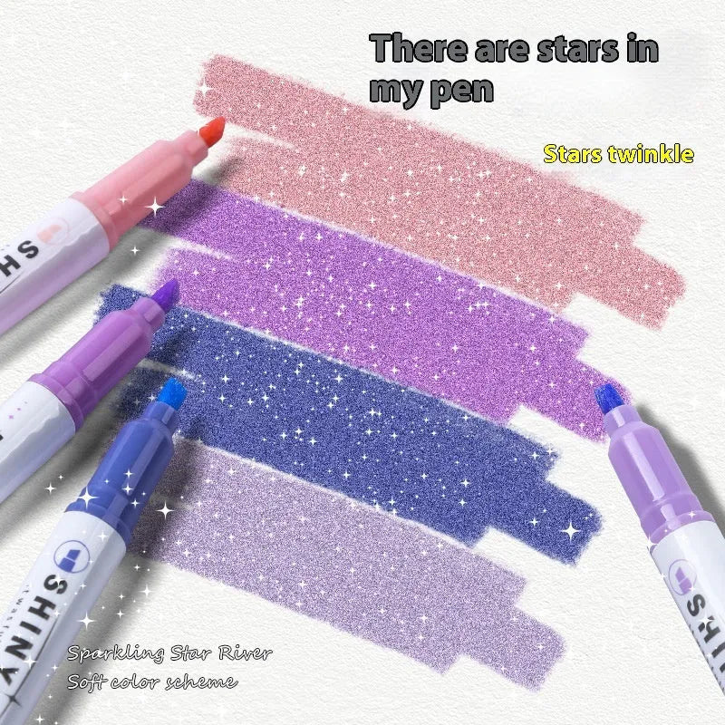 Set of four glitter fluorescent highlighter pens with slanted tips in assorted colours.