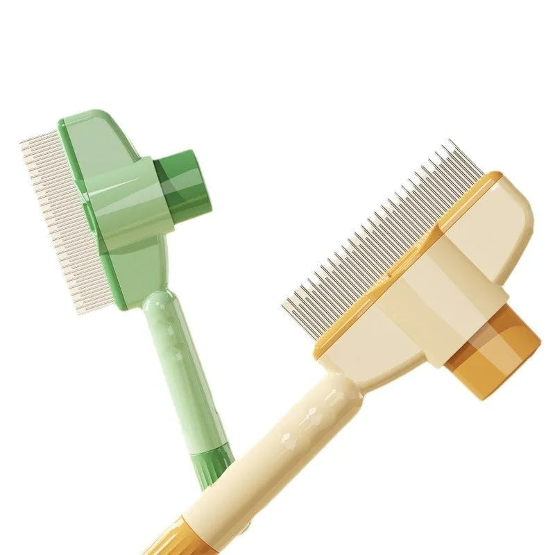 Yellow self-cleaning pet comb with stainless steel teeth and release button