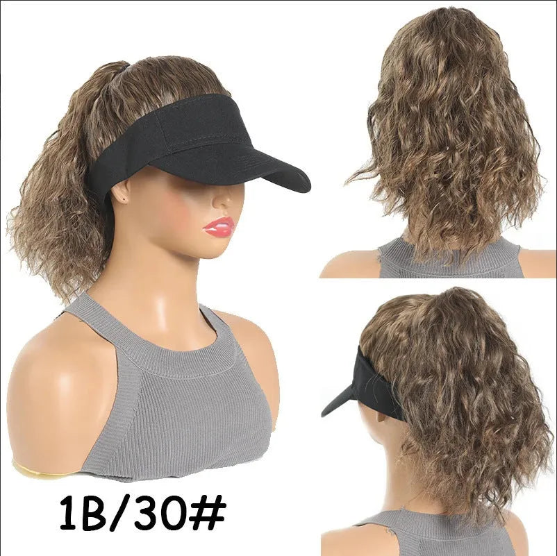 Short synthetic wig with horse tail waves style on a nude hat base, shown in a dark brown colour.