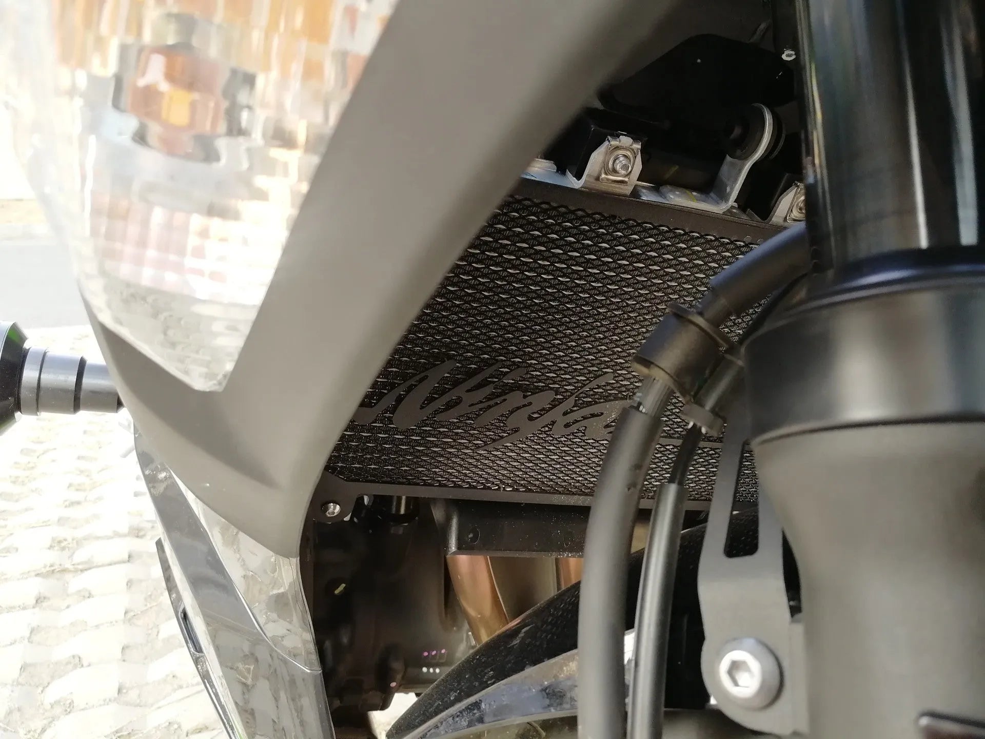 Kawasaki Z400 Ninja 400 black radiator mesh cover installed on motorcycle water tank