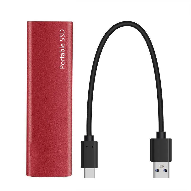 Red portable metal SSD hard drive with ultra-thin design on a grey background.