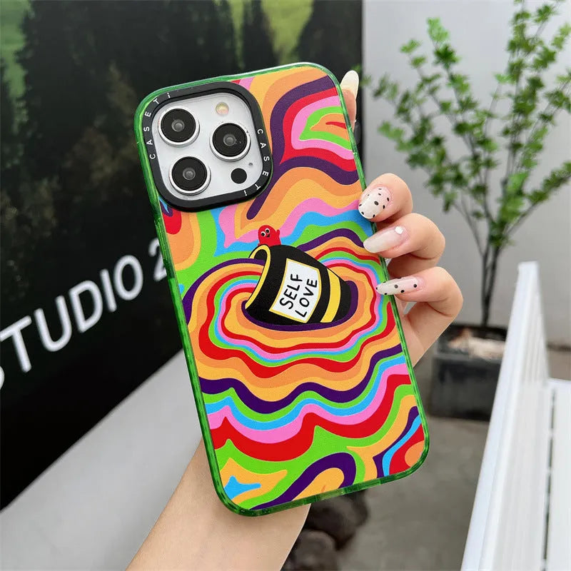Green Love Yourself More glitter acrylic hard phone case for Apple iPhone models 11 to 15 Pro Max