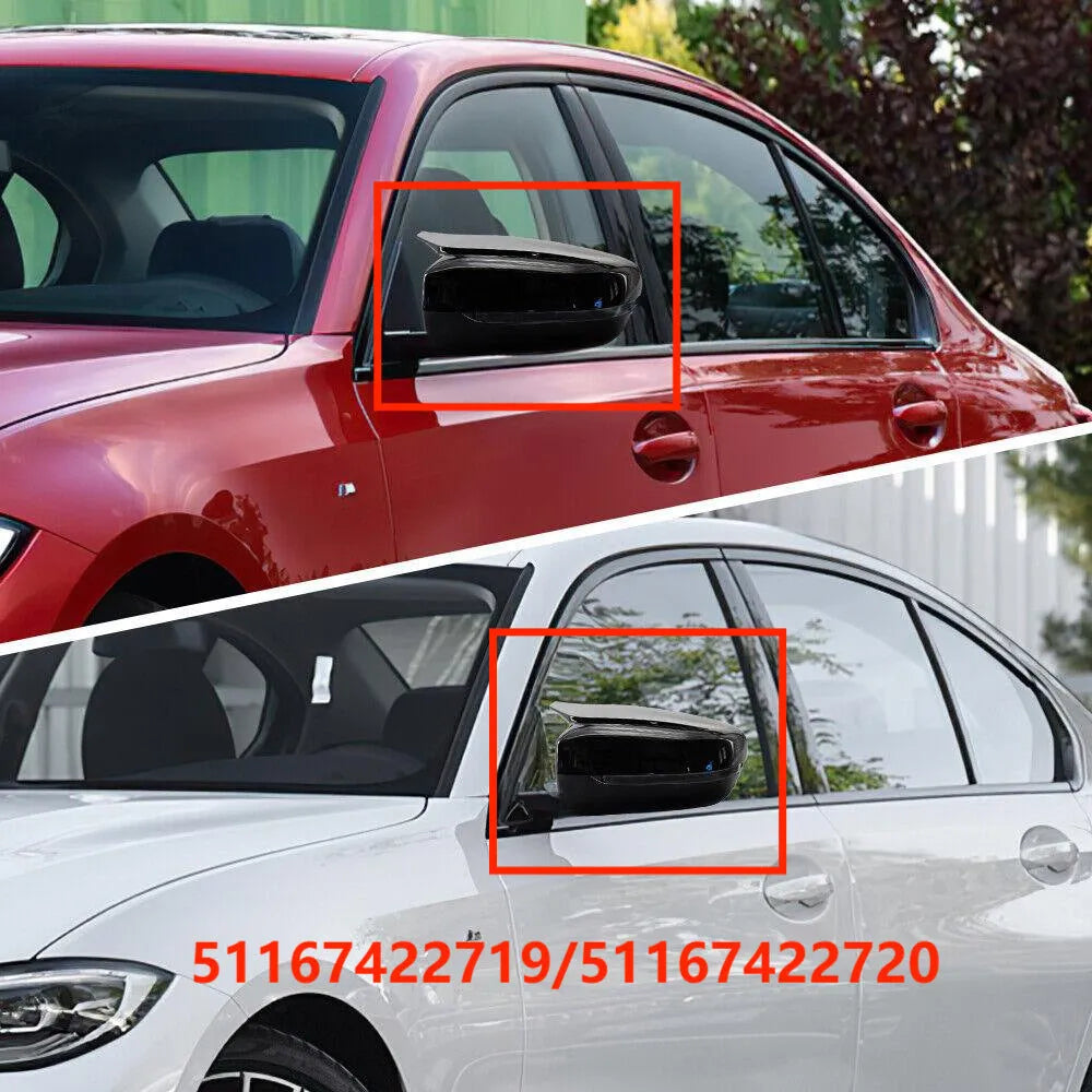 Two bright black ABS plastic mirror shells for BMW 3 Series G20 G28 G30 models